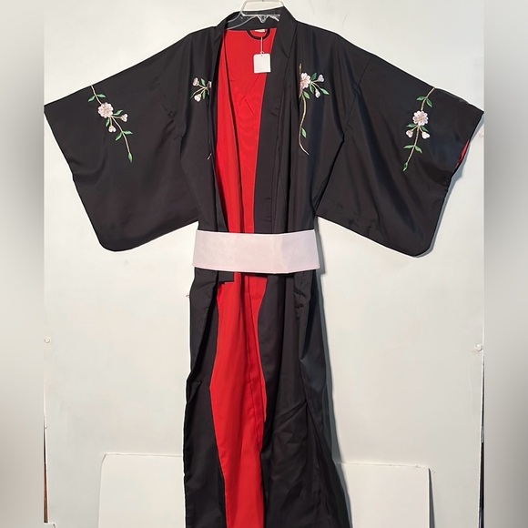 JAPANESE KIMONO NWT Floral Embroidery Red Lined w/ Pink Obi Black Obijime O/S - Picture 2 of 16